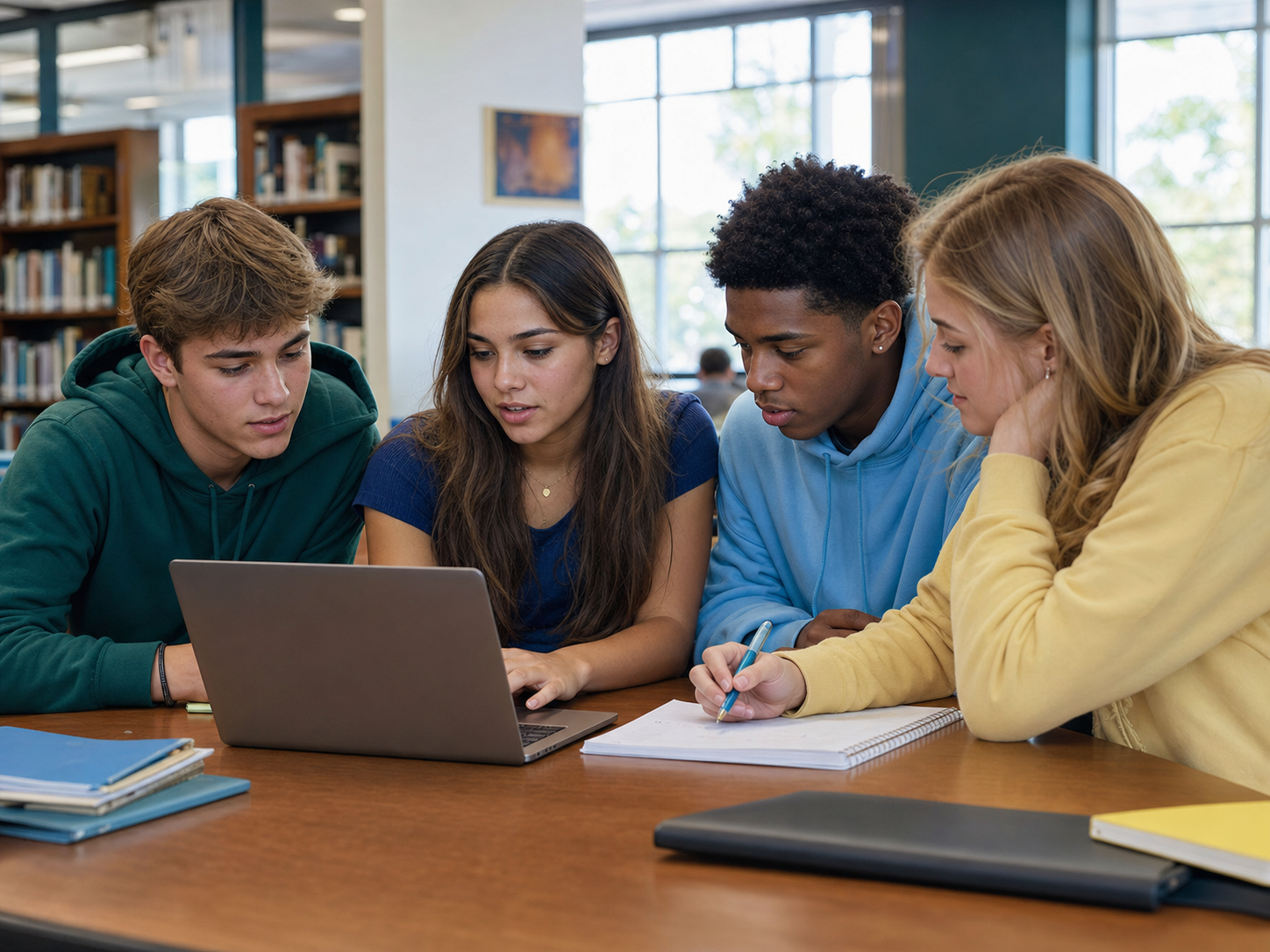 Four high school students studying together around a laptop and notebook
