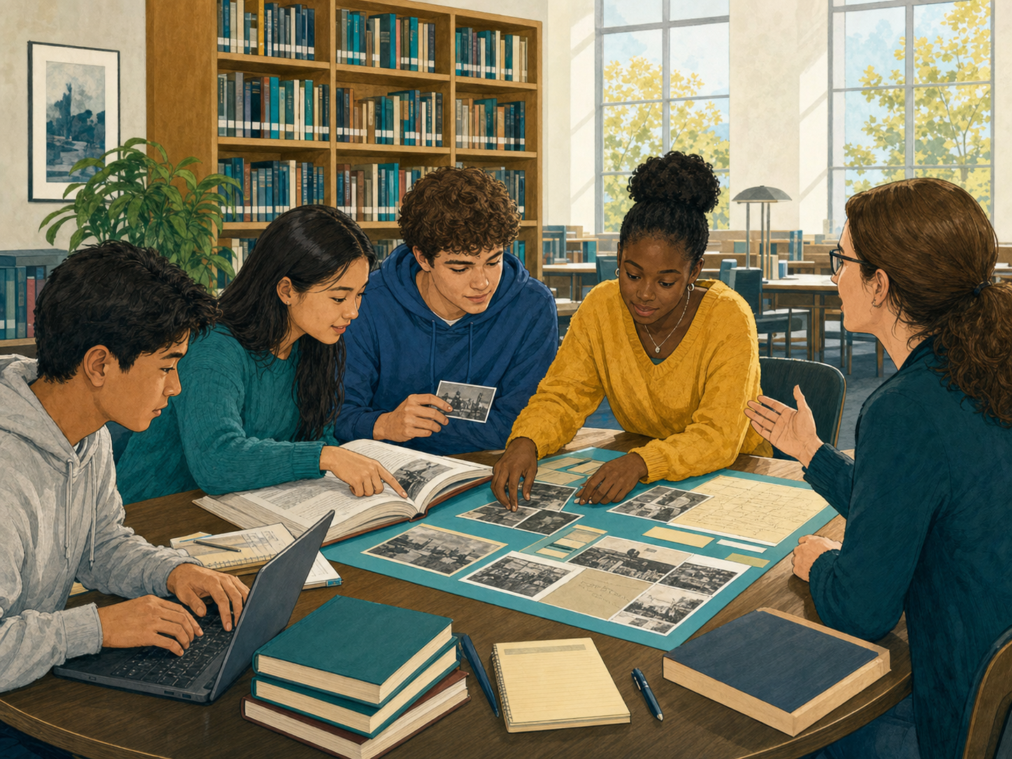 High school students collaborating with a librarian on a history display